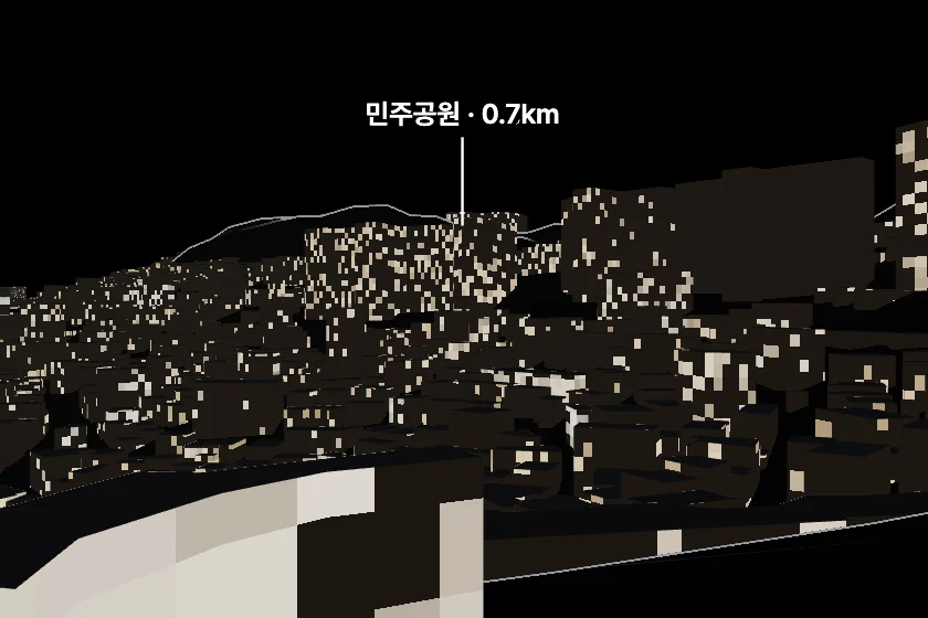 민주공원 쪽을 모형으로 그린 미리보기